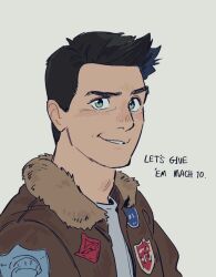  1boy adam's_apple black_hair brown_jacket commentary_request crew_neck english_text fur-trimmed_collar fur_trim green_eyes grey_background hikari_toriumi jacket looking_at_viewer male_focus open_clothes open_jacket parted_lips patch pete_"maverick"_mitchell shirt short_hair simple_background smirk solo top_gun upper_body white_shirt 