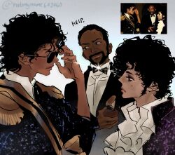  3boys animification black_hair black_jacket commentary dark-skinned_male dark_skin english_commentary english_text epaulettes facial_hair frills frown goatee grammy head_tilt highres jacket male_focus michael_jackson mole mole_under_eye multiple_boys nervous_sweating notmyname642460 photo-referenced prince_(singer) quincy_jones real_life reference_inset shirt smirk sparkle sweat twitter_username white_shirt 