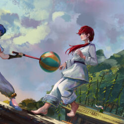  3girls bixclowart chui_(weapon) clouds cologne_(ranma_1/2) cropped dougi from_side karate_gi long_hair multiple_girls pants ponytail purple_hair ranma_1/2 red_hair saotome_ranma saotome_ranma_(female) shampoo_(ranma_1/2) white_pants 