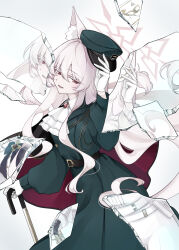  1girl adjusting_clothes adjusting_headwear akira_(blue_archive) akira_(miria)_(blue_archive) animal_ears ascot belt black_ascot black_belt black_cape blue_archive broken_glass cane cape cat_ears cat_girl cat_tail coat commentary_request different_reflection eye_mask glass gloves green_coat green_hat halo hat hat_over_one_ear highres holding holding_cane holding_mask itokawa_(kyawalog) jacket long_sleeves looking_at_viewer mask pants parted_lips pink_hair red_eyes reflection simple_background tail two-sided_cape two-sided_fabric white_ascot white_background white_gloves white_jacket white_pants 