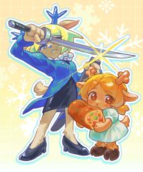  2girls antlers art_program_in_frame black_dress black_shoes blonde_hair blue_coat blue_eyes blue_horns carol_holiday coat commentary deer_antlers deer_girl deltarune dress english_commentary furry furry_female gaida highres holding holding_sword holding_weapon horns jewelry katana mother_and_child mother_and_daughter multiple_girls necklace noelle_holiday parent_and_child pearl_necklace shoes sword utdr_(toby_fox) weapon 