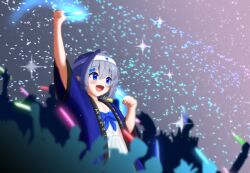  1boy :d arm_up basher blue_bow blue_eyes blue_hair blue_robe boros_(ouro_kronii) bow commentary crowd dress english_commentary glowstick hair_bow hair_intakes headband highres holding holding_glowstick hololive hololive_english male_focus open_clothes open_mouth open_robe oshikatsu otaku penlight_(glowstick) personification robe short_hair smile solo_focus trap virtual_youtuber white_headband 
