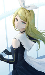  1girl absurdres alternate_hairstyle aqua_eyes black_choker black_dress black_gloves black_hairband black_sleeves blonde_hair choker commentary_request dress gloves hair_ornament hair_ribbon hairband hairclip highres hisui_ame kagamine_rin long_hair open_mouth ribbon roshin_yuukai_(vocaloid) solo vocaloid white_ribbon 