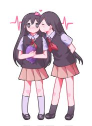  2girls aged_down ankle_socks arms_behind_back aubrey_(faraway)_(omori) aubrey_(omori) bare_arms bare_legs black_eyes black_hair black_shoes black_socks black_sweater_vest blush bow bright_pupils brown_skirt charlotte167284 child closed_eyes collared_shirt commentary corrupted_twitter_file cosplay double-parted_bangs full_body hair_behind_ear hair_between_eyes hair_bow hair_over_shoulder heart highres holding holding_stuffed_toy kiss kissing_cheek kneehighs kodomo_doushi leaning_forward legs_apart long_hair mari_(faraway)_(omori) mari_(faraway)_(omori)_(cosplay) mari_(omori) mari_(omori)_(cosplay) mary_janes miniskirt mr._plantegg_(omori) multiple_girls neckerchief nose_blush omori parted_lips pink_bow pleated_skirt profile red_neckerchief school_uniform shirt shoes short_sleeves sidelocks simple_background skirt socks standing straight_hair stuffed_eggplant stuffed_toy surprise_kiss surprised sweater_vest tareme u_u very_long_hair white_background white_pupils white_shirt white_socks yuri 