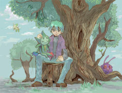  1boy blue_hair blue_pants celebi commentary_request drew_(pokemon) green_hair jacket male_focus on_tree_stump pants pokemon pokemon_(anime) pokemon_the_series:_ruby_and_sapphire purinkarameru_shishou purple_jacket roselia_(pokemon) short_hair sitting sitting_on_lap sitting_on_person venonat 