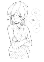  1girl absurdres blush cardigan closed_mouth cropped_torso crossed_arms greyscale highres idolmaster idolmaster_(classic) jewelry kisaragi_chihaya korean_text long_hair long_sleeves monochrome necklace open_cardigan open_clothes simple_background sketch soayo solo speech_bubble translation_request wavy_mouth white_background 