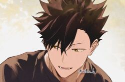  1boy black_hair black_shirt brown_eyes chun_lz commentary haikyuu!! hair_between_eyes kuroo_tetsurou looking_to_the_side lower_teeth_only male_focus open_mouth shirt short_hair short_sideburns sideburns sideways_glance slit_pupils solo spiky_hair teeth twitter_username untranslatable_commentary upper_body 