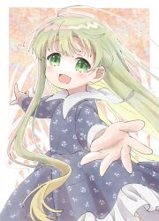  1girl absurdres aged_down ahoge cecilia_(shiro_seijo_to_kuro_bokushi) commentary_request dress green_eyes green_hair highres long_dress long_hair long_single_sidelock nakagawa_hiromi open_mouth outstretched_arms reaching reaching_towards_viewer sailor_collar sailor_dress shiro_seijo_to_kuro_bokushi single_sidelock smile solo very_long_hair white_sailor_collar 