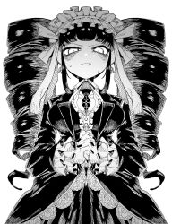  1girl absurdres celestia_ludenberg center_frills claw_ring commentary danganronpa:_trigger_happy_havoc danganronpa_(series) drill_hair earrings frilled_hairband frills gothic_lolita hairband hb_091 highres jacket jewelry lolita_fashion lolita_hairband long_hair long_sleeves looking_at_viewer monochrome neck_ribbon necktie open_clothes open_jacket own_hands_clasped own_hands_together ribbon shirt skirt solo sweat twin_drills 