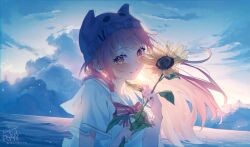  1girl absurdres artist_name backlighting beanie blue_sky blush bow clouds commentary_request dated dawn fingernails floating_hair flower flower_in_eye from_side hanaru_(vtuber) hands_up hat head_tilt highres holding holding_flower horizon indie_virtual_youtuber light_particles long_fingernails long_hair looking_at_viewer looking_to_the_side ocean open_mouth outdoors pink_eyes pink_hair purple_hat red_bow ryane_(yry_0) sailor_collar shirt short_sleeves sideways_glance signature sky smile solo striped_bow sunflower symbol_in_eye tearing_up twitter_username upper_body virtual_youtuber white_sailor_collar white_shirt yellow_flower 