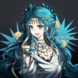  1girl :d absurdres bare_shoulders blue_hair chinese_commentary clothing_cutout commentary_request dress fang gem gem_hair_ornament gold_choker gold_headband green_eyes green_gem grey_background highres hissabeth hissabeth_(serpentine_primavera) long_hair looking_to_the_side official_alternate_costume open_mouth qiuyeqing red_pupils reverse:1999 shoulder_cutout smile snake snake_on_head solo upper_body white_dress 