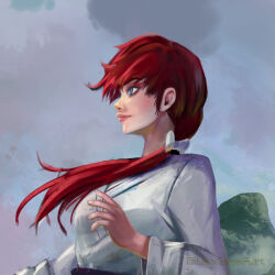  1girl artist_name bixclowart blue_eyes bow dougi from_side hair_bow karate_gi long_hair ponytail ranma_1/2 red_hair saotome_ranma saotome_ranma_(female) smile white_bow 