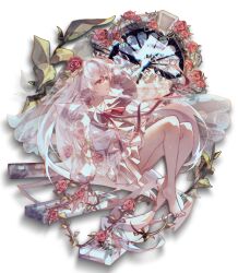  1girl absurdres arcaea barefoot bridal_veil commentary_request flower highres hikari_(arcaea) hikari_(zero)_(arcaea) long_hair long_sleeves neckerchief plant pleated_skirt red_eyes red_flower red_neckerchief red_rose rei_rigel rose sailor_collar school_uniform serafuku shirt skirt solo thorns veil vines white_background white_hair white_sailor_collar white_serafuku white_shirt white_skirt 