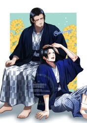  2boys angeal_hewley aqua_background barefoot beard black_hair black_haori blue_haori border closed_mouth crisis_core:_final_fantasy_vii facial_hair feet_out_of_frame final_fantasy final_fantasy_vii flower hand_on_another's_head haori indian_style invisible_chair japanese_clothes kimono male_focus multiple_boys open_mouth parted_bangs print_kimono shakunage1 short_hair sitting smile twitter_username white_border yellow_flower zack_fair 