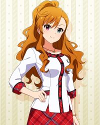  1girl blue_eyes butterfly_necklace card_commentary closed_mouth commentary_request cowboy_shot game_asset hand_on_own_hip heterochromia idolmaster idolmaster_(classic) idolmaster_million_live! idolmaster_million_live!_theater_days idolmaster_one_for_all jewelry leon_(idolmaster) long_hair looking_at_viewer necklace office_mate_(idolmaster) official_alternate_costume official_art orange_hair pink_eyes plaid_clothes plaid_skirt ponytail red_skirt shirt skirt smile solo standing third-party_source three-quarter_sleeves white_shirt 