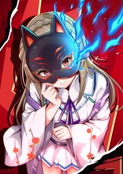  1girl absurdres blue_fire braid brown_hair clenched_hand closed_mouth collared_shirt commentary_request cowboy_shot crown_braid drop_shadow eyelashes fingernails fire floral_print floral_print_kimono fox_mask hand_up heaven_burns_red highres holding holding_mask japanese_clothes kimono kiryuu_miya leaning_forward lips long_hair long_sleeves looking_at_viewer mask miniskirt neck_ribbon parody persona persona_5 pleated_skirt print_kimono purple_ribbon red_background red_eyes ribbon rrtp shirt simple_background skirt smile solo split_mouth straight_hair style_parody tsurime white_kimono white_shirt white_skirt wide_sleeves 