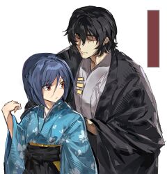  1boy 1girl adjusting_another's_clothes ayane_ichijou black_hair black_haori black_sash blue_hair blue_kimono closed_eyes closed_mouth commentary firo3404 hair_between_eyes hand_up haori highres japanese_clothes kimono looking_at_another loose_hair_strand minato_kageaki orange_eyes parted_lips rectangle sash short_hair simple_background soukou_akki_muramasa untranslatable_commentary white_background white_kimono wide_sleeves 