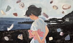  1girl arms_behind_back black_hair clam_shell commentary from_side highres holding holding_stuffed_toy minahamu ocean original outdoors shirt short_hair short_sleeves solo stuffed_animal stuffed_toy teddy_bear white_shirt 