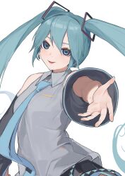  1girl aqua_hair aqua_necktie black_skirt black_sleeves blue_eyes breasts collared_shirt commentary_request detached_sleeves grey_shirt hair_between_eyes hatsune_miku highres long_hair necktie open_mouth pocche-ex reaching reaching_towards_viewer shirt simple_background skirt sleeveless sleeveless_shirt smile solo twintails very_long_hair vocaloid white_background 