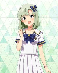  1girl blue_bow blue_bowtie blush bow bowtie card_commentary commentary_request cowboy_shot game_asset green_hair grey_eyes hair_bow hand_up idolmaster idolmaster_(classic) idolmaster_million_live! idolmaster_million_live!_theater_days idolmaster_stella_stage looking_at_viewer medium_hair mole mole_under_eye official_art open_mouth pleated_skirt school_uniform shiika_(idolmaster) shirt short_sleeves skirt smile solo standing third-party_source white_shirt white_skirt 
