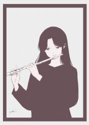  1girl ben-day_dots commentary_request flute greyscale hands_up highres holding holding_flute holding_instrument instrument long_hair looking_at_object monochrome original parted_lips screentones shirt sideways_glance signature sketch solo toshi_chihiro2 transverse_flute upper_body 