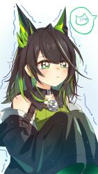  1girl :< absurdres arknights bare_shoulders black_hair black_jacket chinese_commentary closed_mouth colored_inner_hair commentary_request dress green_dress green_eyes green_hair highres hualing868 jacket long_hair long_sleeves mon3tr_(arknights) multicolored_hair simple_background sleeves_past_fingers sleeves_past_wrists solo speech_bubble tearing_up trembling upper_body white_background 