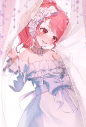  1girl absurdres bare_shoulders blush bow breasts choker curtain_grab curtains detached_sleeves dot_nose dress dress_bow flower frilled_dress frills gem hair_flower hair_ornament hands_up head_tilt highres jewelry long_hair long_sleeves momoi_airi necklace neu_33 official_alternate_costume official_alternate_hairstyle open_mouth pearl_(gemstone) pearl_necklace pink_hair ponytail project_sekai red_eyes ribbon ribbon_choker rose saihate_e_to_tobu_kimi_e_(project_sekai) see-through_curtains sidelocks smile solo strapless strapless_dress sweatdrop swept_bangs wedding_dress white_bow white_dress white_flower white_rose white_sleeves 