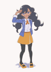  1girl :d asatsuki_(fgfff) belt black_hair black_pantyhose blue_eyes blue_jacket brown_belt collared_shirt commentary_request emma_(pokemon) full_body hair_between_eyes happy highres jacket long_hair looking_at_viewer open_clothes open_jacket open_mouth orange_shoes orange_skirt pantyhose pigeon-toed pokemon pokemon_(anime) pokemon_horizons shirt shoes single_paw_pose skirt smile solo standing teeth twintails upper_teeth_only white_shirt 