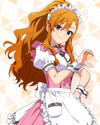  1girl apron blue_eyes bow bowtie butterfly_necklace card_commentary closed_mouth commentary_request cowboy_shot dress game_asset half-heart_hands hand_on_own_hip heterochromia idolmaster idolmaster_(classic) idolmaster_million_live! idolmaster_million_live!_theater_days idolmaster_one_for_all jewelry leon_(idolmaster) light_smile long_hair looking_at_viewer maid_headdress necklace official_alternate_costume official_art orange_hair pink_bow pink_bowtie pink_dress pink_eyes ponytail pretty_waitress_(idolmaster) puffy_short_sleeves puffy_sleeves short_sleeves solo standing third-party_source waist_apron waitress white_apron wrist_cuffs 