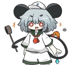  +++ 1girl :d anchor_symbol animal animal_ears animalization black_hair commentary_request cosplay crab green_sailor_collar grey_hair hair_between_eyes hat highres holding holding_with_tail mouse_ears mouse_girl mouse_tail multicolored_hair murasa_minamitsu murasa_minamitsu_(cosplay) nazrin orange_eyes orange_hair peaked_cap prehensile_tail red_eyes sailor_collar sea_urchin shirt short_eyebrows short_sleeves shorts simple_background smile streaked_hair tail thick_eyebrows toramaru_shou touhou uni_souchou white_background white_hat white_shirt white_shorts 