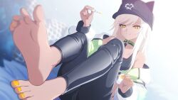  1girl animal_ear_headwear applying_manicure applying_pedicure artist_request barefoot baseball_cap black_hat black_pants black_sports_bra closed_mouth collar cosmetics dark-skinned_female dark_skin game_asset green_jacket hat holding jacket jacket_partially_removed long_hair multicolored_jacket muv-luv muv-luv_girls_garden nail_polish nail_polish_bottle official_art orange_nails pants reivel_brightleaf sitting smile soles solo sports_bra third-party_source toenail_polish toenails white_hair white_jacket yellow_eyes 