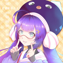  1girl ahoge black_gloves blue_eyes blue_sweater commentary fingerless_gloves fingers_to_cheeks glasses gloves hair_ornament hairclip hat highres index_fingers_raised kokodoko_(g_kkdk) large_hat light_smile long_hair looking_at_viewer low_twintails otomachi_una otomachi_una_(voicepeak) parted_lips purple_hair purple_hat red-framed_eyewear sailor_collar school_uniform semi-rimless_eyewear serafuku solo sweater twintails upper_body vocaloid voicepeak white_sailor_collar yellow_background 