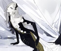  1girl arm_support black_dress black_gloves cowboy_shot curtains dress elbow_gloves evening_gown gloves grey_eyes grey_hair grin hand_on_own_leg leaning_to_the_side long_hair looking_at_viewer lorentz_butterfly mole mole_under_eye official_alternate_costume reverse:1999 single_bare_shoulder single_off_shoulder sitting smile solo toduring 