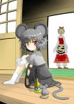  animal_ears black_hair blonde_hair crossed_arms footwear from_behind grey_hair hecchi_(blanch) highres jeweled_pagoda looking_down mouse mouse_ears mouse_tail multicolored_hair multiple_girls nazrin red_eyes short_hair socks tail tiger_print toramaru_shou touhou two-tone_hair 
