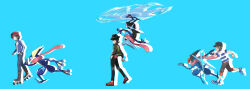  3boys absurdres asatsuki_(fgfff) ash-greninja black_hair black_hat blue_background blue_jacket blue_shoes boots bracelet calem_(pokemon) capri_pants commentary_request drop_shadow elio_(pokemon) eyewear_on_headwear from_side greninja hand_in_pocket hat highres jacket jewelry long_sleeves male_focus mega_greninja multiple_boys pants paxton_(pokemon) pokemon pokemon_(creature) pokemon_legends:_z-a pokemon_sun_and_moon pokemon_x_and_y print_jacket red_hat red_shoes roller_skates shirt shoes short_hair short_sleeves skates sunglasses z-ring 