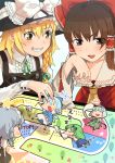  ascot blonde_hair board_game bow braid brown_eyes brown_hair chibi cirno dice english green_hair grin hair_bow hair_tubes hakurei_reimu hat izayoi_sakuya kirisame_marisa kochiya_sanae konpaku_youmu konpaku_youmu_(ghost) living_piece minigirl multiple_girls short_hair silver_hair smile touhou tsurusaki_yuu witch_hat yellow_eyes 