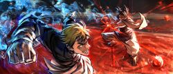  2boys absurdres aiming_at_another black_hair black_shirt blonde_hair blood blood_on_ground blue_eyes canon_event choso_(jujutsu_kaisen) commentary english_commentary facial_mark hemokinesis highres jujutsu_kaisen long_sleeves male_focus multiple_boys powering_up purple_scarf purple_vest robe scarf shirt short_hair short_twintails sumollama1 teeth twintails vest white_robe zen'in_naoya 