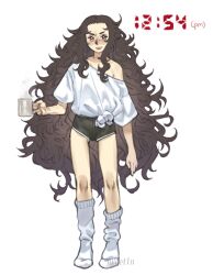 1girl absurdres alternate_costume bags_under_eyes black_hair black_shorts casual coffee_mug commentary contemporary cup english_commentary fire_emblem fire_emblem_fates frown full_body grumpy highres holding holding_cup juicet1n kneehighs long_hair looking_at_viewer loose_socks messy_hair mug no_shoes nyx_(fire_emblem) red_eyes shirt short_shorts shorts single_bare_shoulder single_off_shoulder socks solo standing steaming_cup timestamp v-shaped_eyebrows very_long_hair white_shirt white_socks 