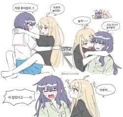  2girls ahoge animalization arms_around_neck black_hair blonde_hair blush bracelet cho_kaguya-hime! closed_eyes commentary_request cropped_torso fox green_eyes highres instrument jewelry kaguya_(cho_kaguya-hime!) keyboard_(instrument) korean_commentary korean_text long_hair looking_at_another mole mole_under_eye multiple_girls multiple_views open_mouth rabbit red_eyes sakayori_iroha short_sleeves simple_background sitting sitting_on_lap sitting_on_person sparkle sweat translation_request twitter_username wheloo3rd white_background yuri 