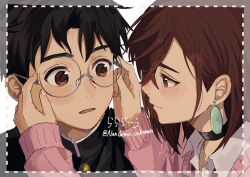  1boy 1girl adjusting_another's_eyewear adjusting_eyewear ayase_momo black_choker black_hair black_jacket blush bow bowtie brown_eyes brown_hair choker closed_mouth commentary_request crossed_bangs dandadan earrings gakuran glasses hair_behind_ear jacket jewelry kami_high_school_uniform long_sleeves looking_at_another loose_bowtie nandemo_unknown open_mouth pink_sweater red_bow red_bowtie round_eyewear school_uniform shirt short_hair sweater takakura_ken_(dandadan) twitter_username upper_body white_shirt wing_collar 