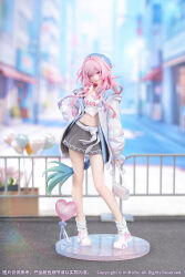  1girl aqua_hair bag balloon blue_hat blurry blurry_background braid commentary cyrene_(demiurge)_(honkai:_star_rail) cyrene_(honkai:_star_rail) cyrene_(nylon_japan)_(honkai:_star_rail) english_commentary figure_(medium) fold-over_socks full_body grey_skirt hand_on_own_hip hat heart_balloon highres holding holding_bag honkai:_star_rail honkai_(series) jacket jewelry knit_hat long_hair long_sleeves looking_at_viewer multicolored_hair necklace official_art open_clothes open_jacket open_mouth photo_(medium) pink_hair pointy_ears shoes skirt smile socks solo standing stomach symbol-shaped_pupils very_long_hair violet_eyes white_bag white_jacket white_shoes white_socks 