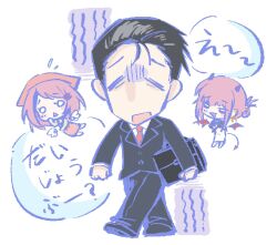  1boy 2girls angel_and_devil angel_wings black_hair black_suit chibi commentary_request demon_horns demon_tail demon_wings flying_sweatdrops hair_ornament hair_slicked_back hairclip highres holding holding_suitcase horns multiple_girls necktie red_necktie salaryman sasaki_(super_no_ura_de_yani_suu_futari) shaded_face short_hair shoulder_angel shoulder_devil simple_background suit suitcase super_no_ura_de_yani_suu_futari tail tayama_(super_no_ura_de_yani_suu_futari) translation_request triangle_mouth white_background wings yamada_(super_no_ura_de_yani_suu_futari) zfqlpfmhwffrhjx 