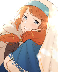  1girl brown_gloves commentary_request eyelashes gloves grey_eyes hair_tubes laurana_(octopath_traveler) long_hair looking_at_viewer looking_back nun octopath_traveler octopath_traveler:_champions_of_the_continent octopath_traveler_0 orange_hair smile solo teeth tekutonbo veil white_background 