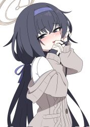  1girl bags_under_eyes black_hair blue_archive blush brown_cardigan cardigan cardigan_partially_removed commentary_request corrupted_twitter_file crossed_bangs from_side fukunao hair_between_eyes hair_ribbon hairband halo hands_on_own_face hands_up highres long_hair looking_at_viewer looking_to_the_side low_twintails nose_blush open_mouth purple_hairband purple_ribbon ribbon shirt simple_background solo twintails ui_(blue_archive) undershirt upper_body very_long_hair violet_eyes white_background white_shirt yellow_halo 
