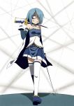  1girl blue_hair cape crazy crazy_eyes cucucut dual_wielding gloves grin hair_over_one_eye magical_girl mahou_shoujo_madoka_magica miki_sayaka short_hair skirt smile solo spoilers sword thighhighs weapon white_gloves yangire 