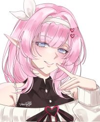  1girl artist_name blue_eyes commentary corrupted_twitter_file elf elysia_(honkai_impact) hairband highres honkai_(series) honkai_impact_3rd long_hair looking_at_viewer pink_hair pointy_ears simple_background smile solo upper_body very_long_hair white_background white_hairband yeonpoppu 