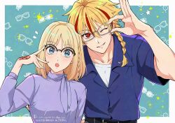  1boy 1girl adjusting_eyewear aqua_background belt bespectacled black_belt blonde_hair blue_shirt border braid braided_ponytail collared_shirt command_spell commentary_request fate/strange_fake fate_(series) glasses grin hand_on_eyewear long_sleeves multicolored_hair one_eye_closed open_mouth outside_border over-rim_eyewear patterned_background purple_shirt rattail red_hair red_streaks richard_i_(fate) richard_i_(spectacle_style)_(fate) rimuro sajou_ayaka_(fate/strange_fake) sajou_ayaka_(spectacle_style)_(fate/strange_fake) semi-rimless_eyewear shirt short_sleeves side_braid single_braid smile streaked_hair under-rim_eyewear upper_body watermark white_border white_shirt 