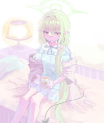  1girl blue_archive blue_pajamas blush cup demon_tail green_hair halo highres holding holding_cup long_hair low_side_ponytail minamisuwari nozomi_(blue_archive) nozomi_(kujibikido)_(blue_archive) official_alternate_costume on_bed pajamas pointy_ears side_ponytail sitting solo tail 