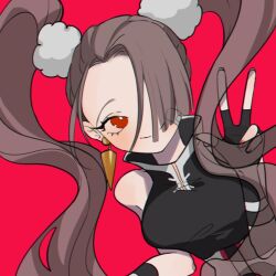  1girl bandaid bandaid_on_face black_gloves black_shirt breasts bright_pupils brown_hair chinese_commentary closed_mouth commentary_request curtained_hair earrings fingerless_gloves gloves gold_earrings hair_ornament hair_over_one_eye high_collar jewelry long_hair looking_at_viewer lunay medium_breasts one_eye_covered original pom_pom_(clothes) pom_pom_hair_ornament red_background red_eyes shirt simple_background smile solo twintails upper_body w white_pupils 