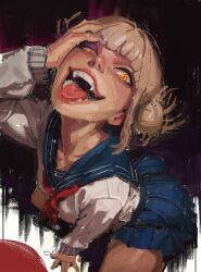  1girl antsiart blonde_hair blue_sailor_collar blue_skirt boku_no_hero_academia commentary crazy crazy_eyes double_bun eyeshadow fangs from_above hair_bun half-closed_eyes hand_on_own_cheek hand_on_own_face highres kneeling looking_at_viewer makeup neckerchief open_mouth pleated_skirt purple_eyeshadow red_neckerchief sailor_collar school_uniform serafuku shirt skirt solo teeth toga_himiko tongue traditional_media uneven_eyes white_shirt 